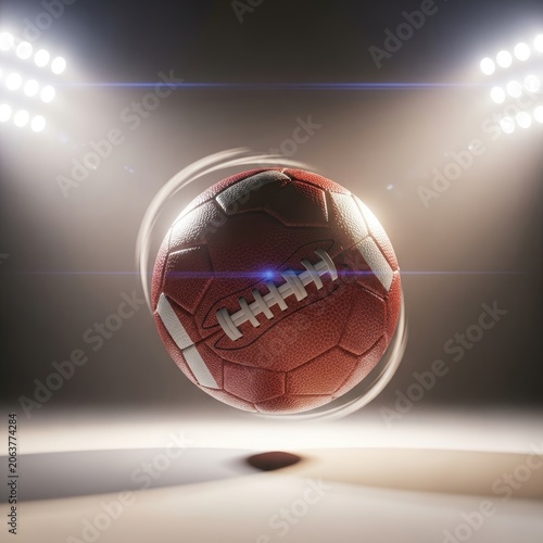 Dynamic American Football Ball Spinning Under Stadium Lights.