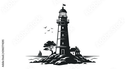 Foto Lighthouse on rocky coastal island.
