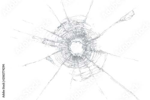 Radial impact damage on shattered glass with central hole, realistic broken screen crack effect isolated on transparent background for photo editing, poster design, action scene or graphic resource.