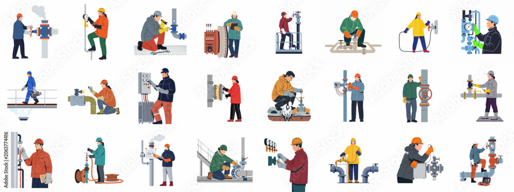 Fototapeta premium Comprehensive set of flat vector illustrations featuring diverse industrial workers, technicians, and engineers performing maintenance, inspections, and operations in a plant environment.