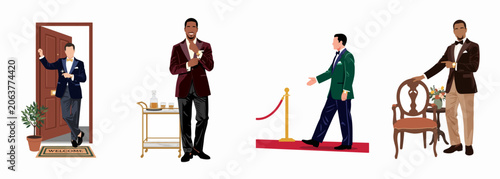 Set of elegant men in formal attire, tuxedos, and suits for luxury events, red carpets, and high-end social celebrations.