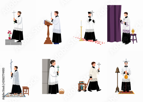 Canvas Print Set of flat vector illustrations depicting Catholic altar servers performing various liturgical duties in traditional black cassocks and white lace surplices