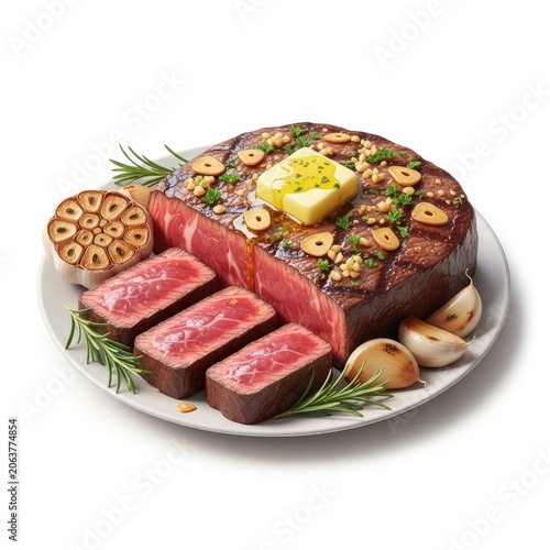 Perfectly Cooked Steak with Garlic, Rosemary, and Butter on a White Plate.