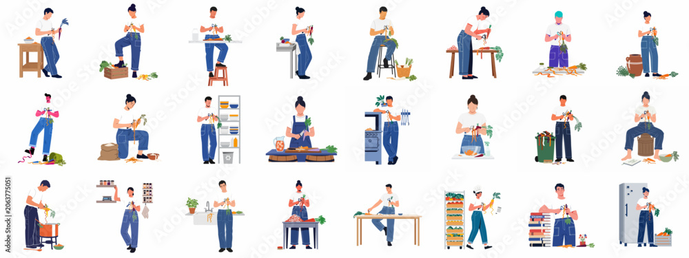 Fototapeta premium Large collection of flat vector characters in various poses peeling and preparing fresh carrots in different kitchen and garden environments.