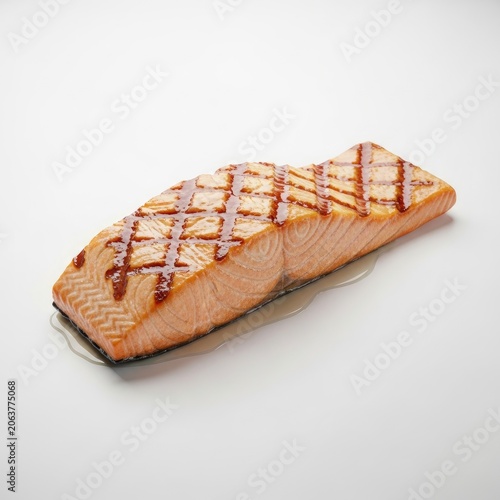 Grilled Salmon Fillet Isolated on White Background with Grill Marks.