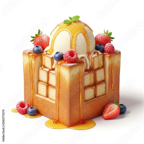 Honey Toast with Ice Cream and Berries on White Background.