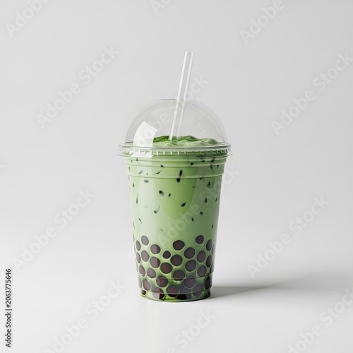 Refreshing Green Matcha Bubble Tea with Tapioca Pearls in a Clear Plastic Cup.