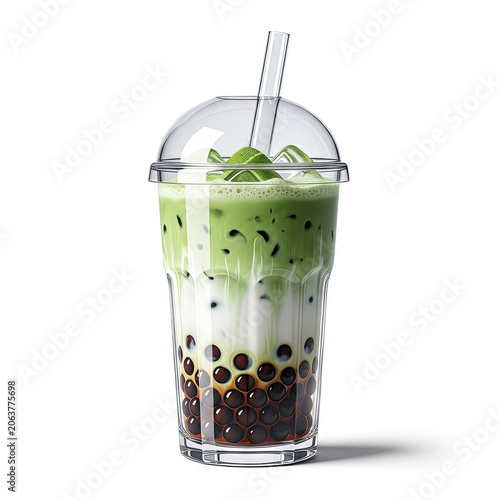 Refreshing Matcha Bubble Tea with Tapioca Pearls in a Clear Glass.