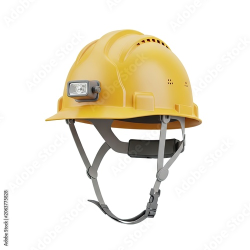 Yellow Safety Helmet with Headlamp on White Background.