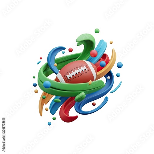 Dynamic 3D Render of American Football with Abstract Swirls and Spheres.