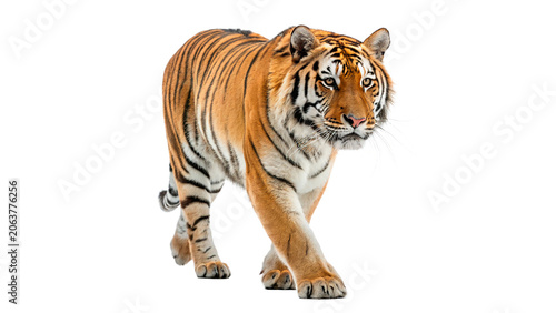 Quadro su tela Magnificent adult bengal tiger walking forward proudly isolated on transparent b