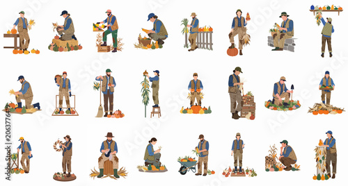 Konstfotografi Collection of diverse farm workers in autumn outfits harvesting and arranging seasonal vegetables including pumpkins and corn, isolated flat vector illustration