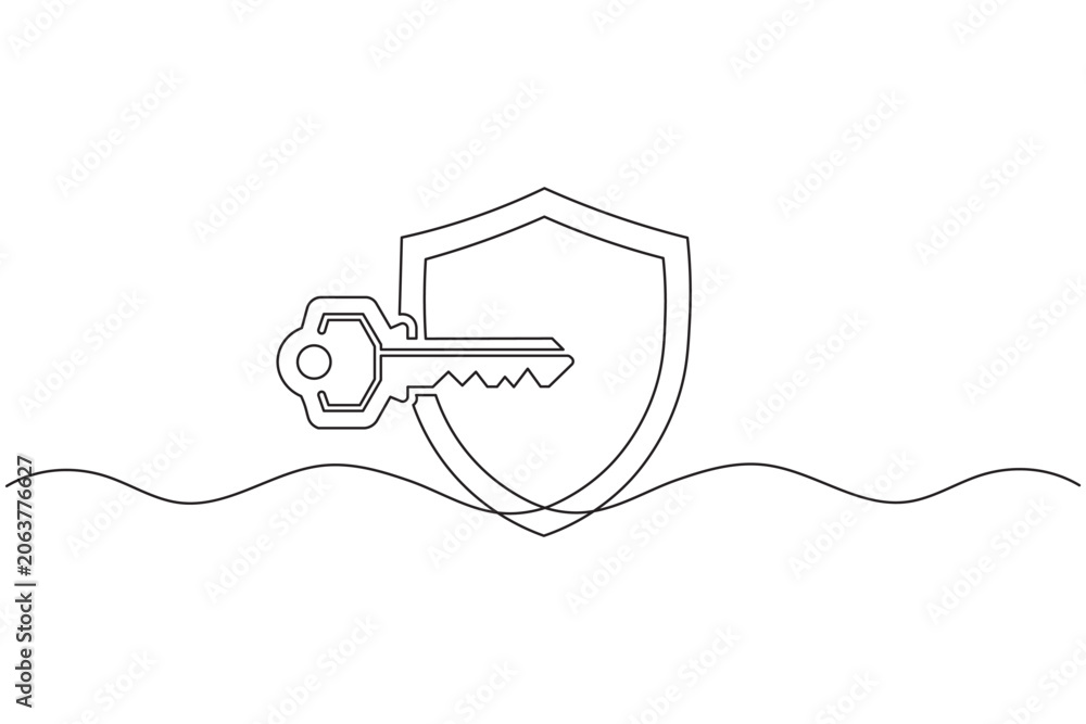 Obraz premium Key with shield protection one line art minimalist safety data security symbol vector illustration