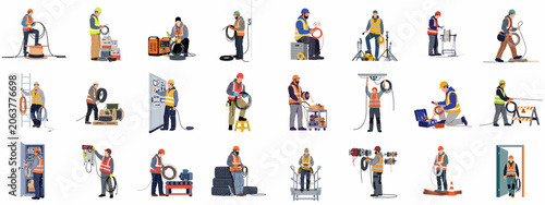 Foto Set of flat illustrations featuring professional electricians and electrical technicians working with cables, wires, and equipment in various industrial and construction settings