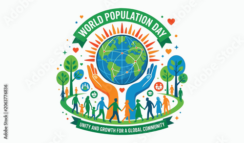 World population day illustration with diverse people holding earth isolated on transparent background