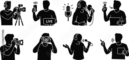 Fotografie Black Silhouettes of Media Professionals with Cameras Microphones and Phones Key