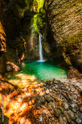 Photos Kozjak waterfall in Slovenian alps near soca river