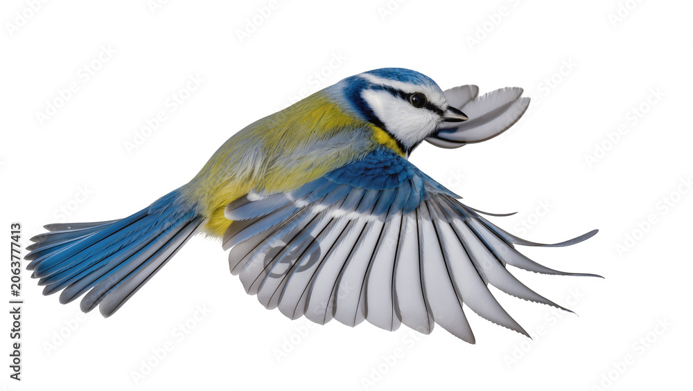 Obraz premium Blue tit bird in flight with wings spread, isolated on transparent background