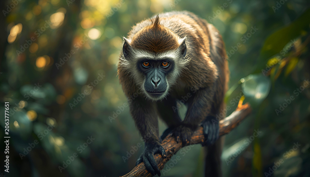 Fototapeta premium A menacing monkey is trying to hunt wild prey.