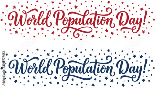 World population day lettering with stars red and blue color variations isolated on transparent background