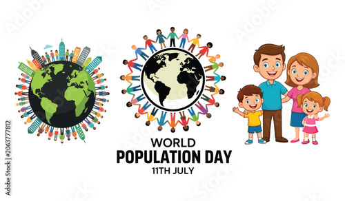 World population day illustration with globe diverse people and happy family isolated on transparent background