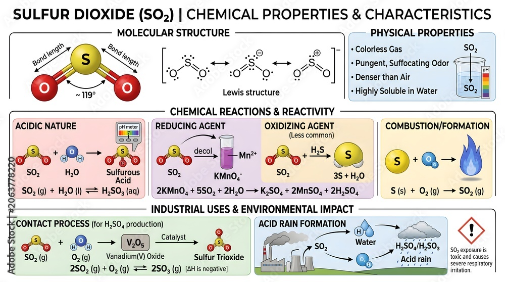 Naklejka premium Sulfur dioxide (SO₂) chemical properties and characteristics infographic explaining molecular and Lewis structures, acidic nature, key reactions as reducing agent and in combustion, industrial uses, c