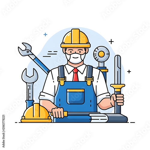Construction worker in hard hat and overalls holding blueprints.