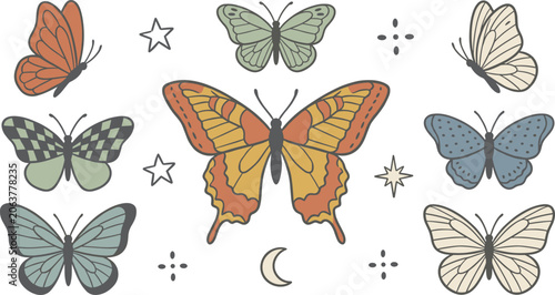 Retro Boho Butterfly Vector Illustration Set with Celestial Stars Moon and Mystical Insect Clipart Elements in Muted Pastel Colors