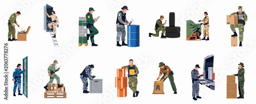 Slika na platnu Flat vector set of customs and border patrol officers in various uniforms inspecting cargo shipments, boxes, and containers for illegal goods