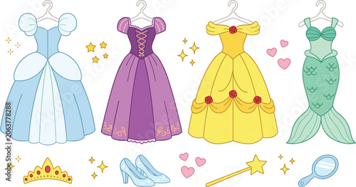 Princess Dress Costume Vector Illustration Set with Fairytale Gowns Cinderella Ballgown Mermaid Tail Tiara Magic Wand and Accessories Clipart