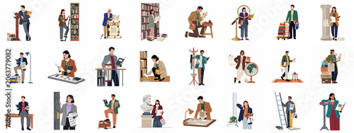 Set of flat illustrations featuring various people engaged in academic research, reading books, and studying historical documents and maps isolated on white.