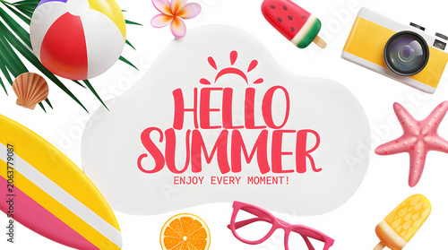 Hello summer tropical vacation concept background with surfboard camera starfish ice cream and colorful beach accessories vacation surfboard starfish seashell sunglasses tropical seasonal