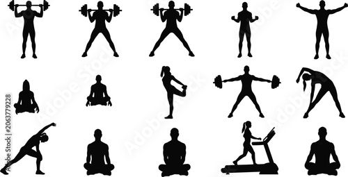 Foto Silhouettes of People Exercising and Practicing Yoga on White Background Keyword