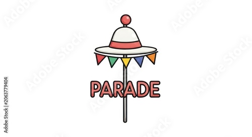 Festive parade sign with colorful flags and a hat