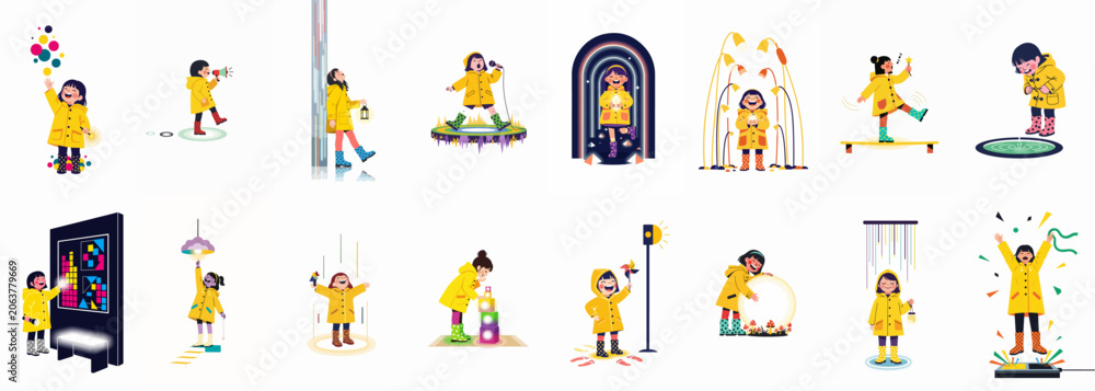 Fototapeta premium Set of 16 whimsical vector illustrations of a young girl in a yellow raincoat exploring magical and imaginative worlds filled with light and color.