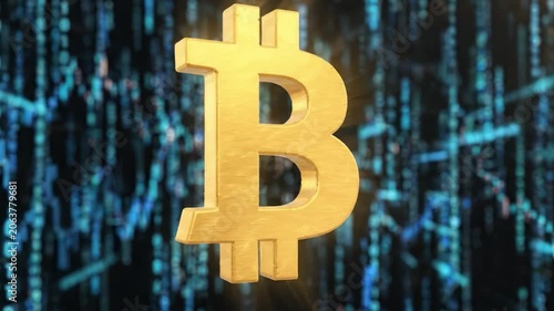 Illuminated Golden Bitcoin Symbol Against a Digital Background of Binary Code Displaying Financial Trends and Cryptocurrency Innovations