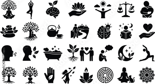 Fotografía Wellness and Self- Care Icons Set with Yoga Tree and Lotus Flower self-care medi