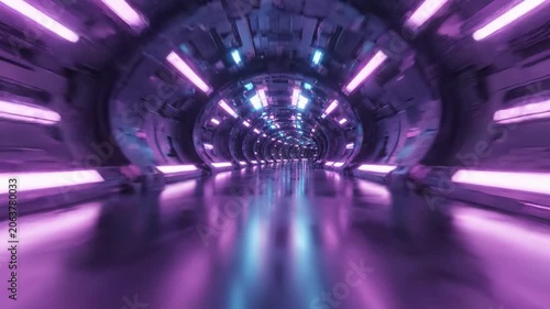Mesmerizing Futuristic Tunnel with Vibrant Neon Lights: A Journey Through an Infinite Space of Color and Reflection