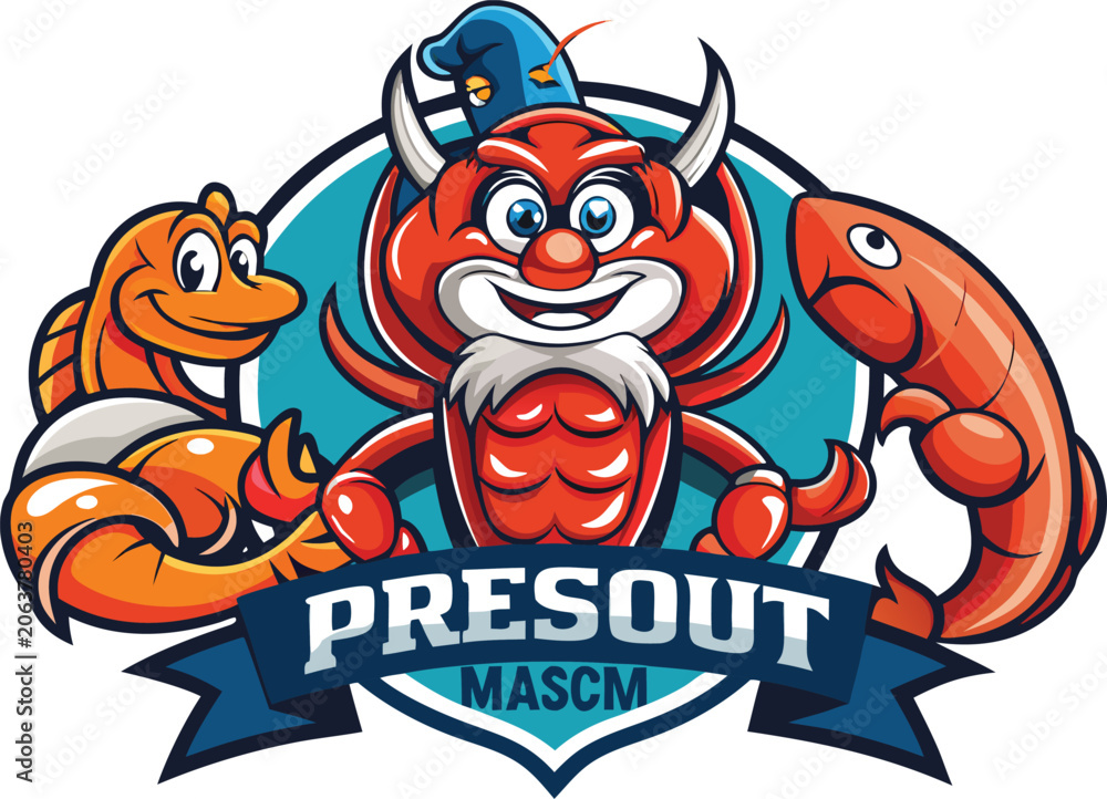 Naklejka premium Cartoon lobster and sea animal mascot logo design isolated on transparent background, Vector