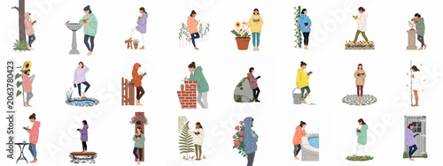 A collection of twenty-four flat illustrations of young women reading and writing in journals in various cozy outdoor settings.