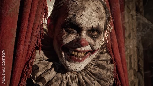 A Sinister Clown Emerges from Behind Red Velvet Curtains, Drawing Attention with a Disturbing Grin and Creepy Appearance, Enhancing the Eerie Atmosphere of the Scene