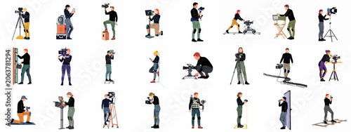 Flat Vector Illustration Set of Professional Film Crew Members with Various Movie Production Equipment Isolated on White Background