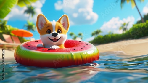 3D animation of a cute corgi puppy floating on a watermelon ring at the beach