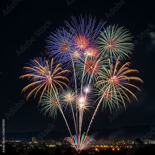 Vibrant Colorful Fireworks Display Over A Night City Skyline.