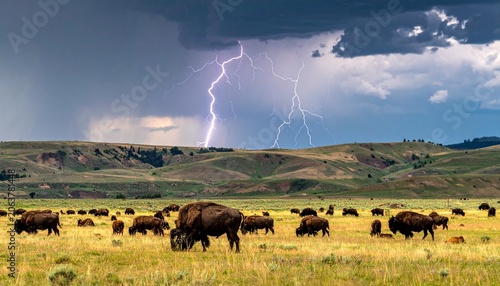 Fototapeta Dramatic storm over grazing bison herd in plains.