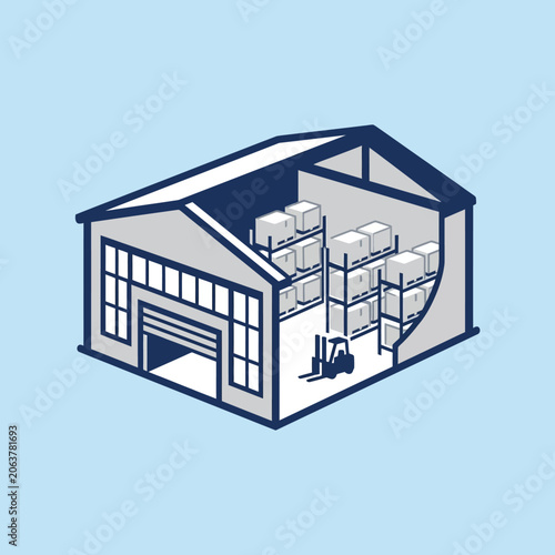 An isometric illustration of a warehouse with storage shelves