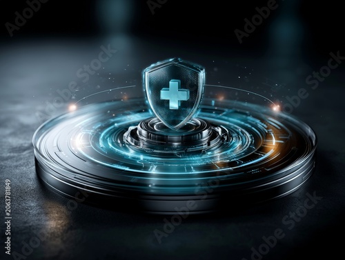 Futuristic Health Shield with Digital Elements and Glowing Background