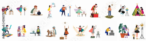 Foto Collection of diverse cartoon illustrations featuring imaginative children in costumes playing with disco balls and light-reflecting objects in creative fantasy scenarios