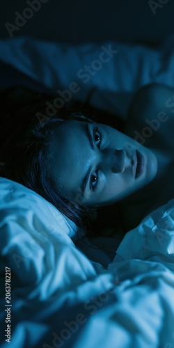 Person lying awake in bed at night, wide open eyes, insomnia concept, copy space