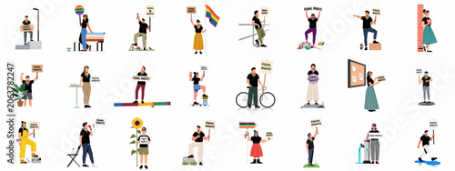 Fotografía A diverse collection of flat vector illustrations featuring people advocating for LGBTQ+ pride with 'Equal Rights' signs and rainbow-colored accessories